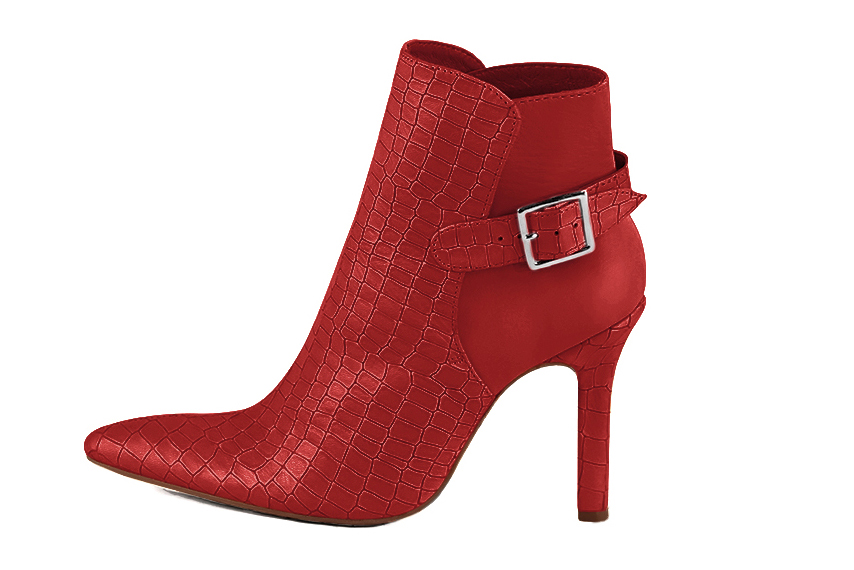 Scarlet red women's ankle boots with buckles at the back. Tapered toe. Very high slim heel. Profile view - Florence KOOIJMAN